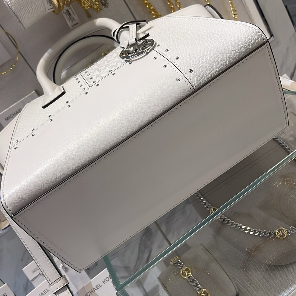 Michael Kors Avril Small Studded Patchwork and Signature Logo Satchel Crossbody - Picture 8 of 16